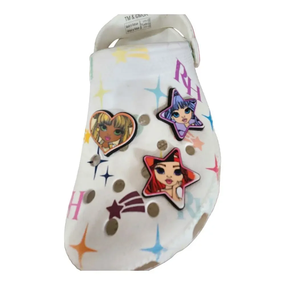Crocs‎ Rainbow High Clogs Kids Size J3 White Multi Color Star Print Charms